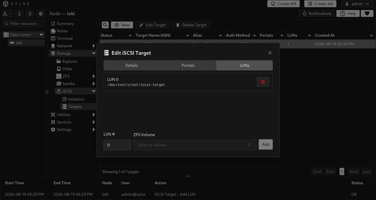 LUNs tab in the Edit iSCSI Target dialog showing an assigned ZFS volume and controls to add another LUN number and ZFS volume