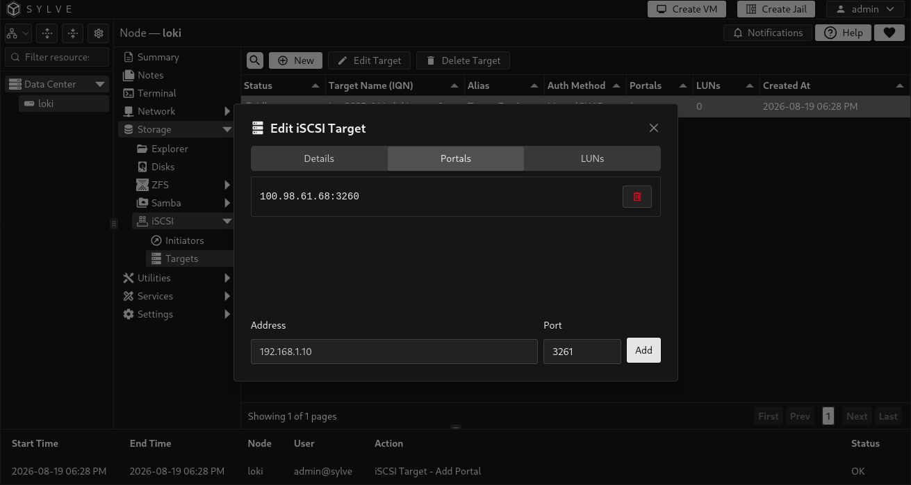 Portals tab in the Edit iSCSI Target dialog listing a configured storage-network address and controls to add another address and port