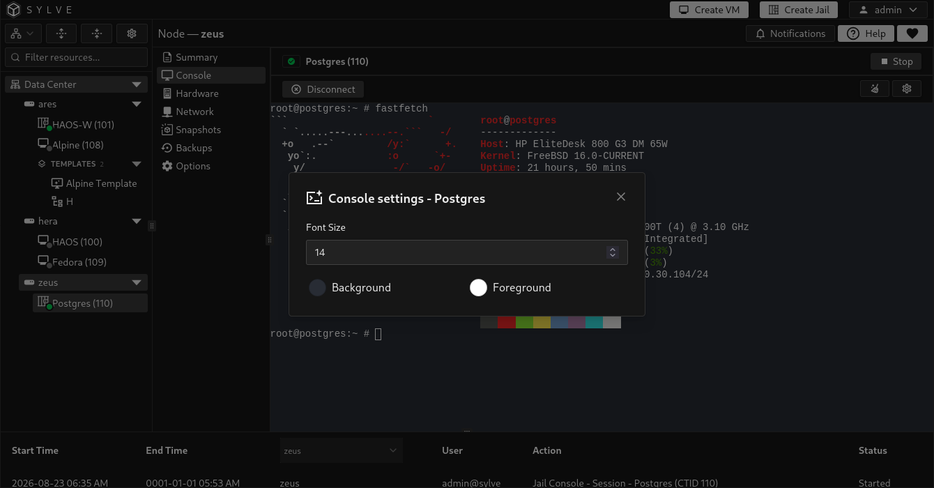 Jail console settings dialog with font size, background colour, and foreground colour controls
