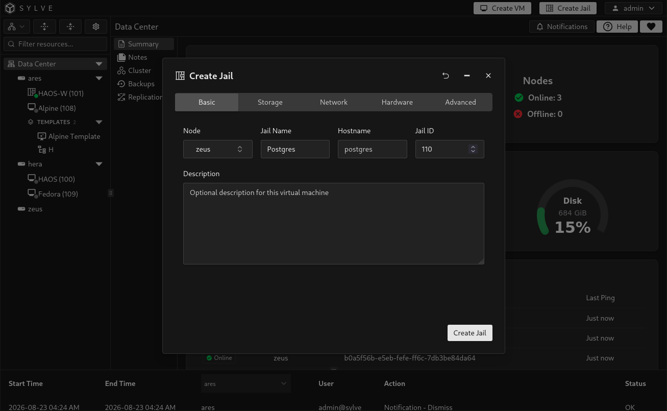 Create Jail wizard on the Basic tab with a selected node, name, hostname, Jail ID, and description