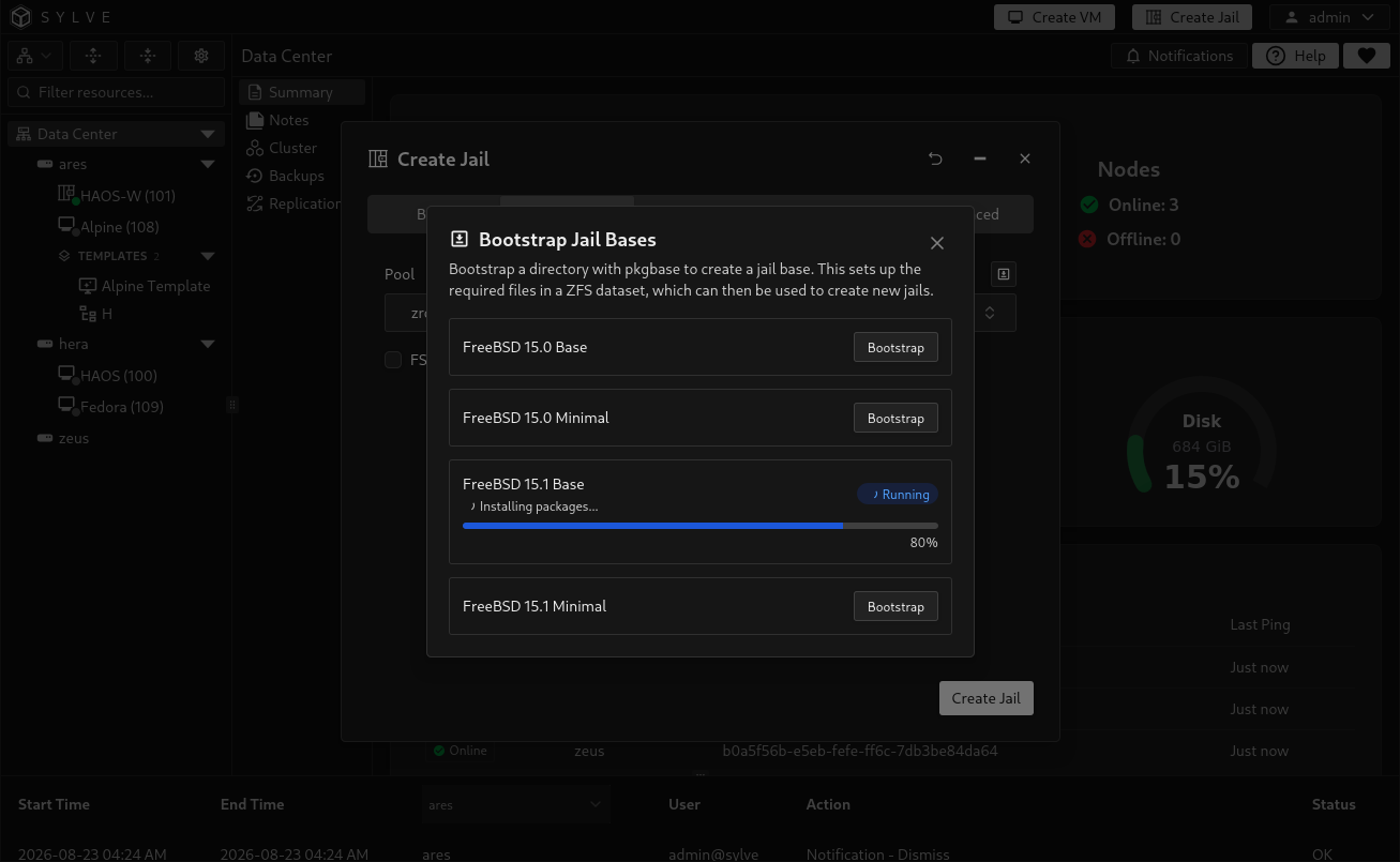 Bootstrap Jail Bases dialog showing FreeBSD 15.1 Base installing while the other compatible Base and Minimal choices remain available
