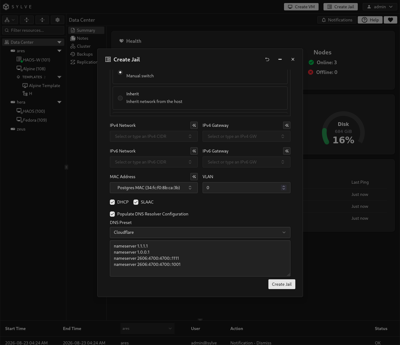 Create Jail wizard with DNS resolver configuration enabled and generated resolv.conf content