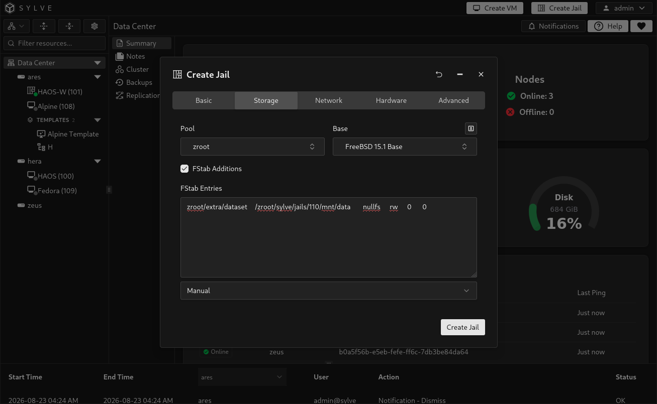 Create Jail wizard with FStab Additions enabled and the Manual and Simple Linux mode selector