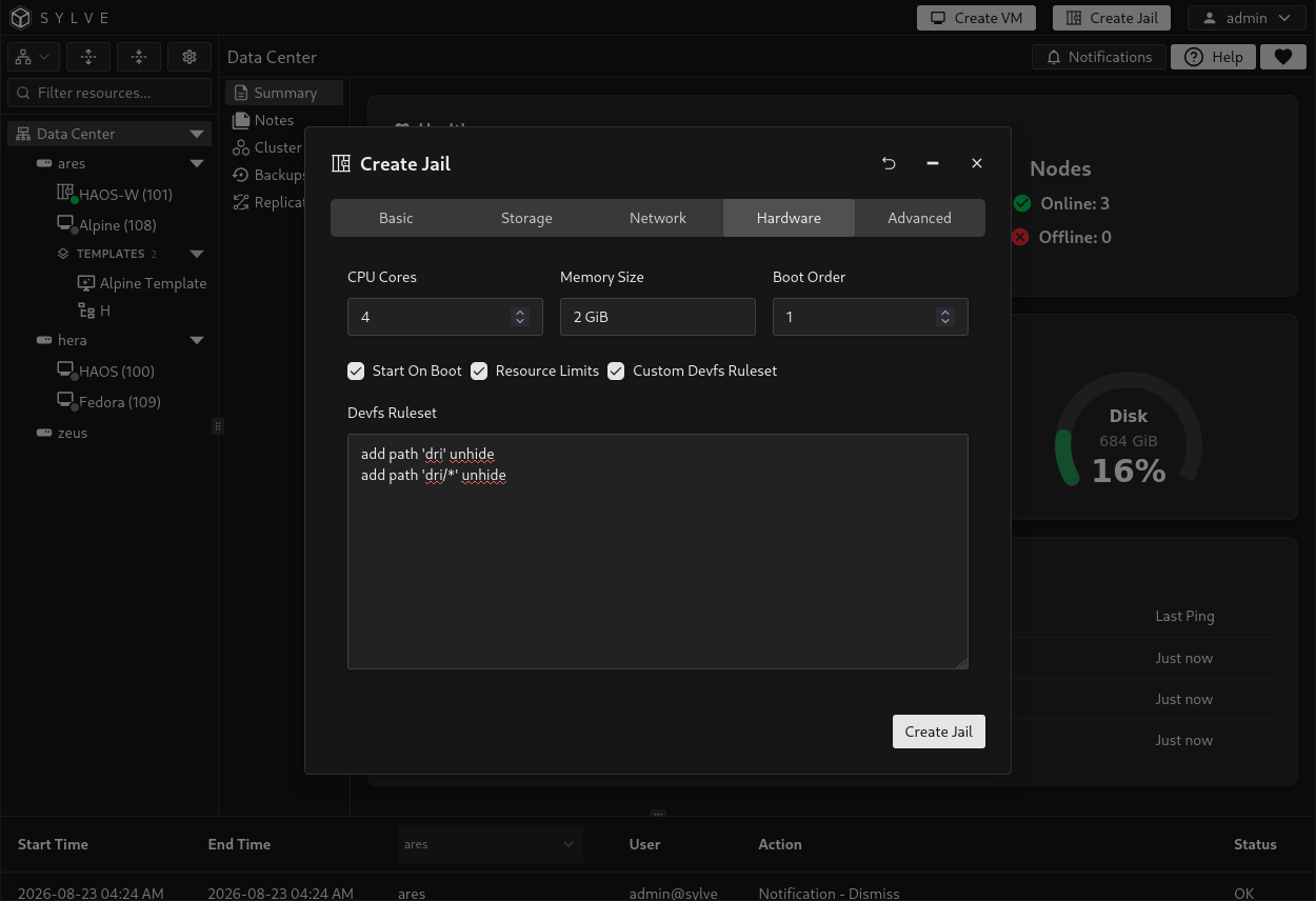 Create Jail wizard on the Hardware tab with resource limits, CPU cores, memory, boot order, autostart, and custom devfs rules