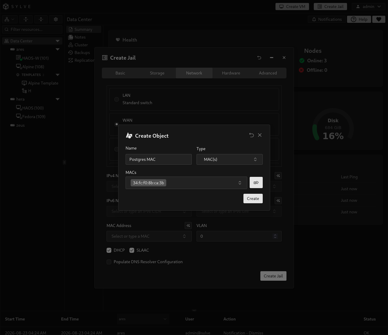 Inline Network Object creator opened from an address or MAC field in the Create Jail wizard