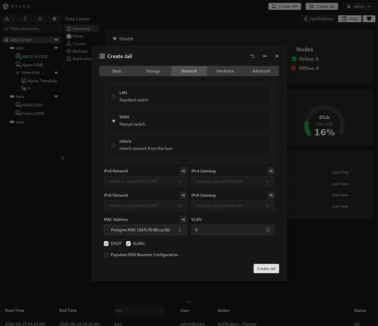 Create Jail wizard on the Network tab with a Standard Switch, static IPv4 CIDR, gateway, MAC address, and VLAN