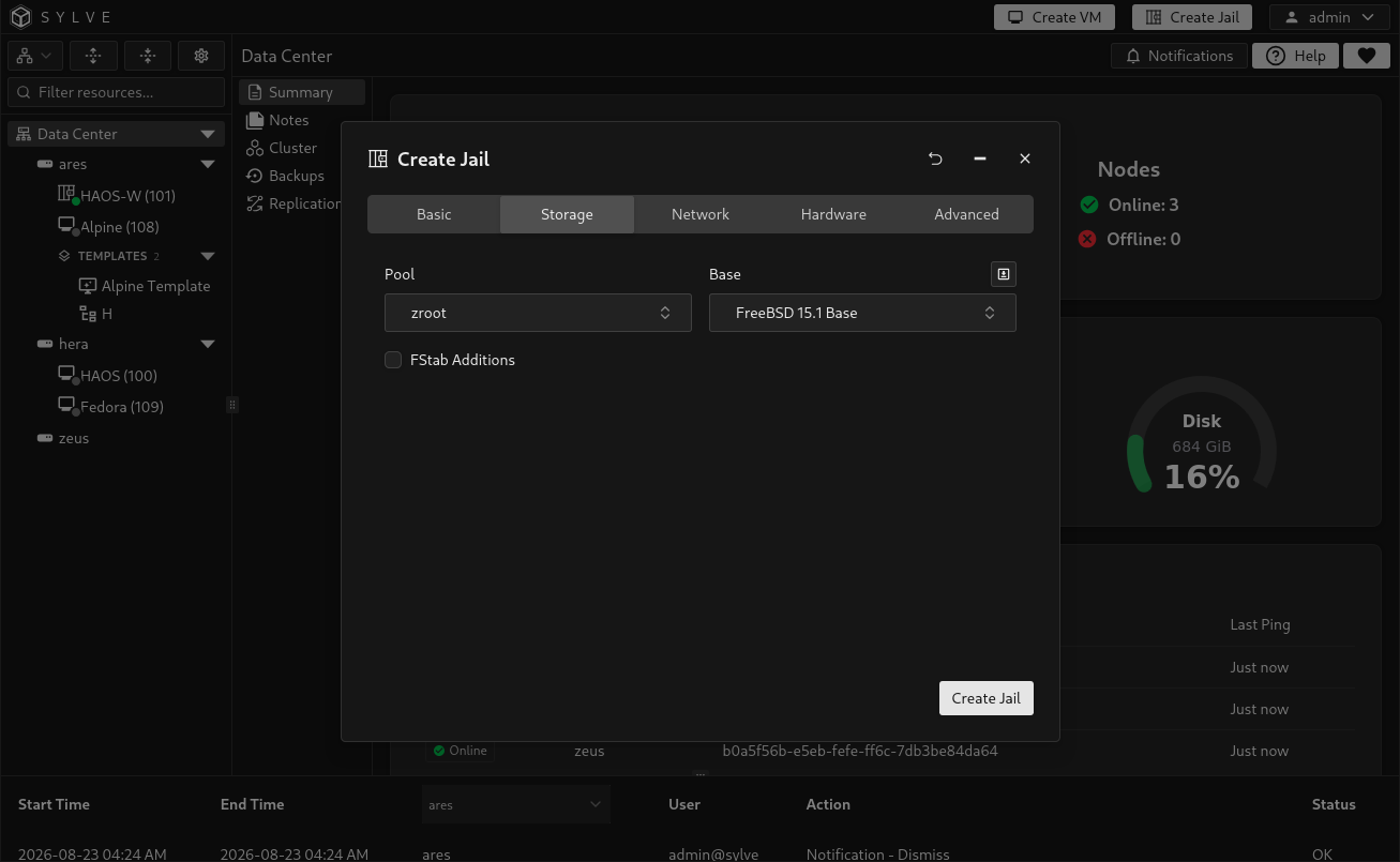 Create Jail Storage tab with the ZFS pool and completed FreeBSD 15.1 Base bootstrap selected