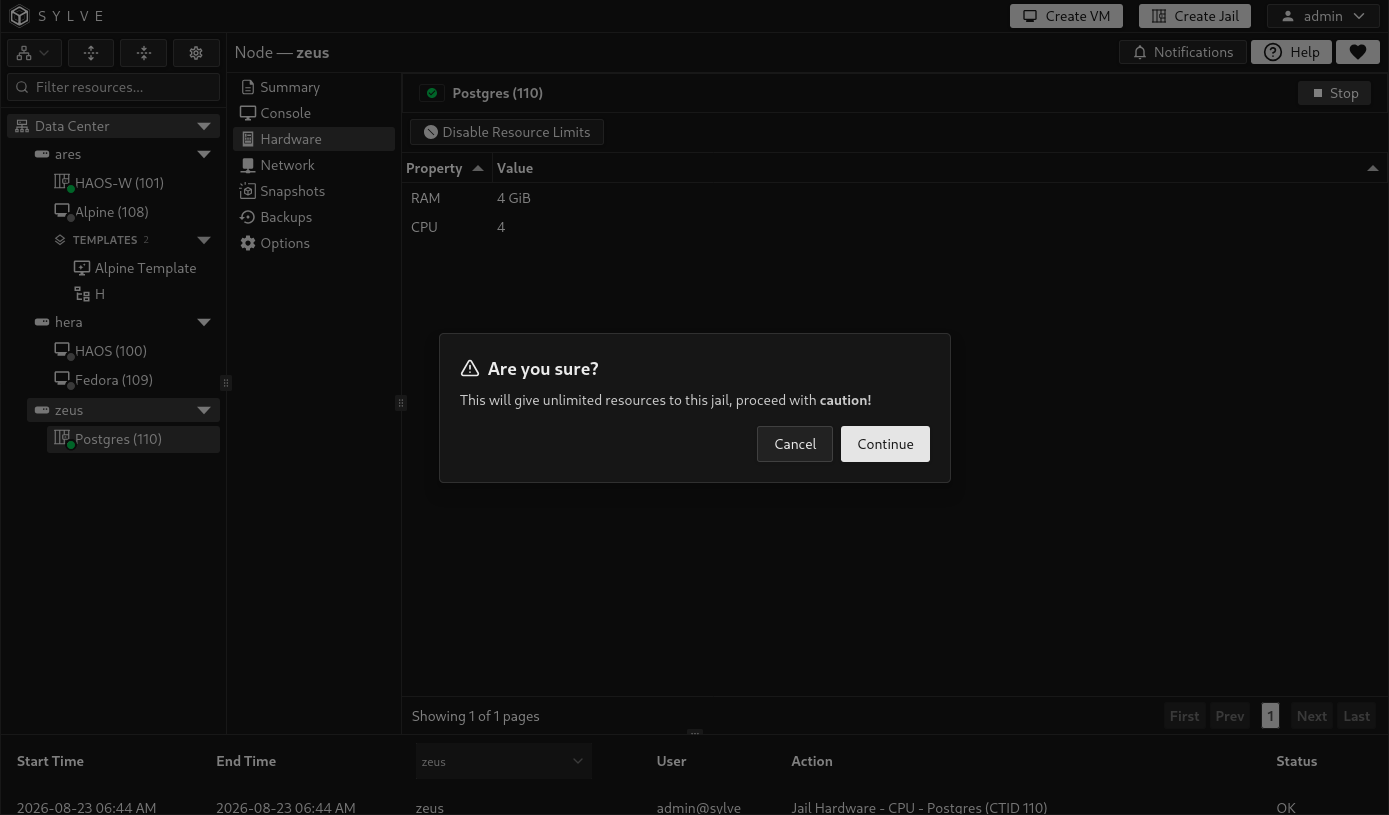 Warning dialog for disabling jail resource limits and granting access to unlimited resources