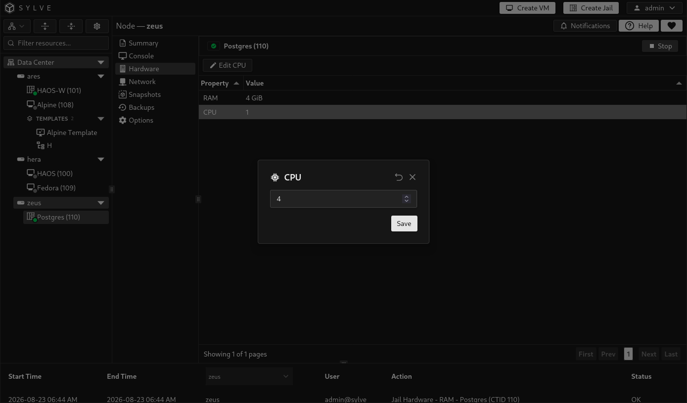 CPU editor for changing the number of logical CPU cores assigned to a jail