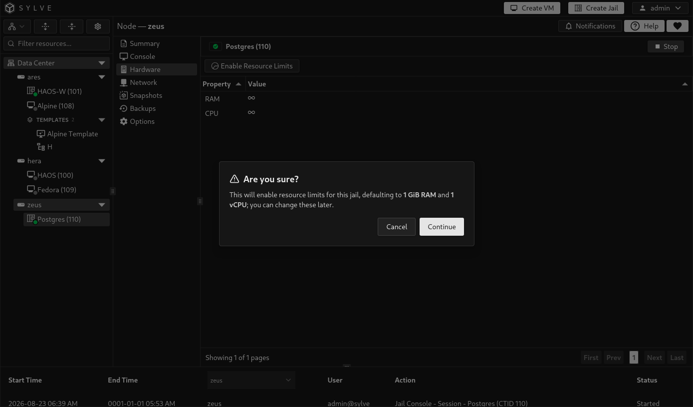Confirmation dialog for enabling jail resource limits with the default RAM and CPU values