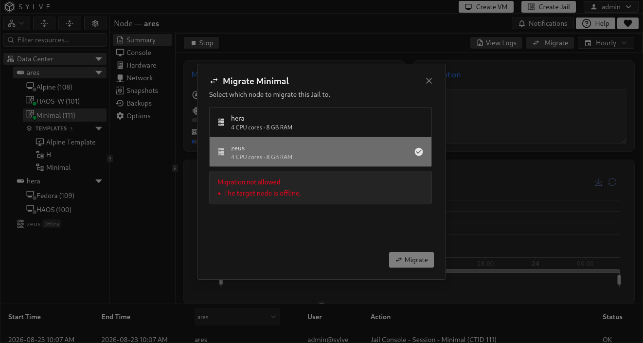 Jail migration dialog showing blocking preflight reasons and a disabled Migrate button