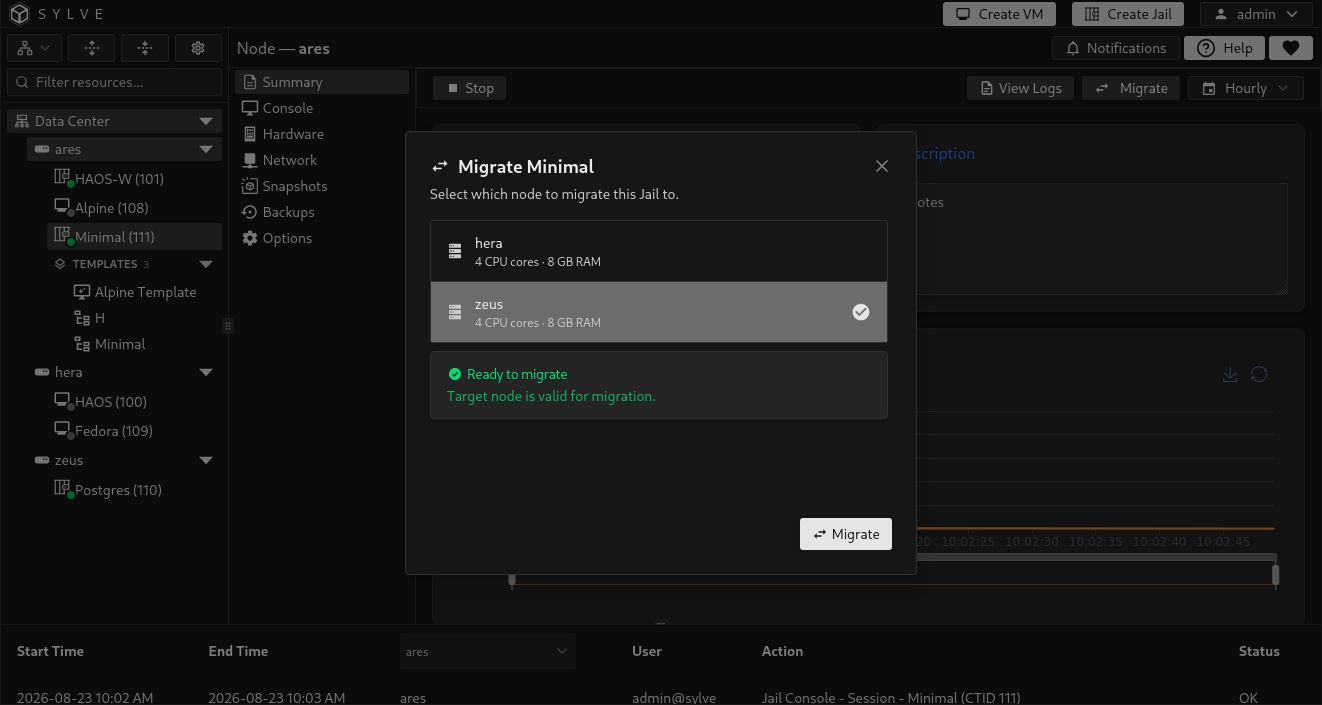 Jail migration dialog showing destination selection and a successful Ready to migrate validation result