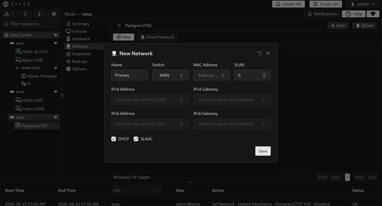 New jail network dialog with switch, MAC, VLAN, IPv4, IPv6, and default gateway fields