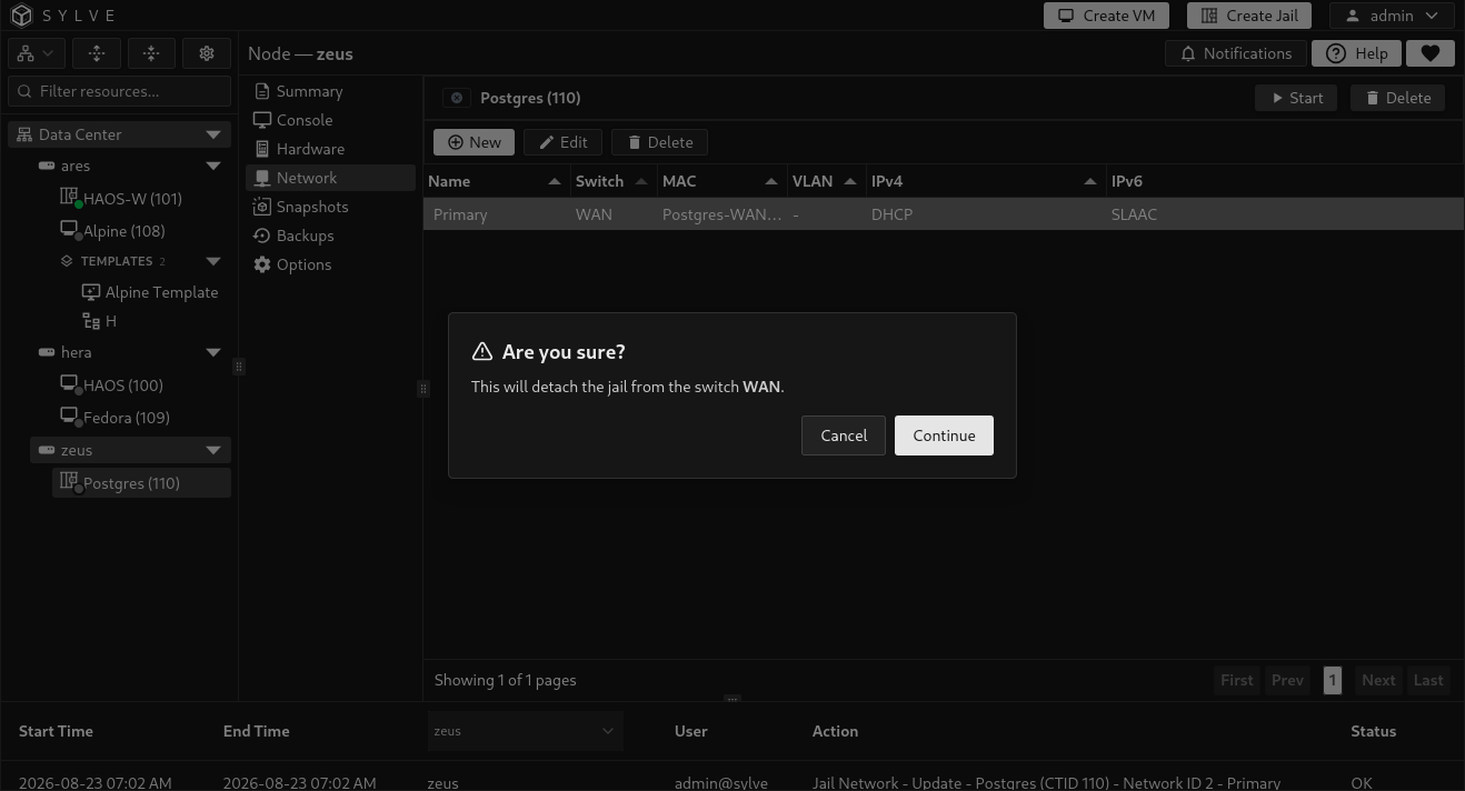 Confirmation dialog for detaching a jail network from its switch