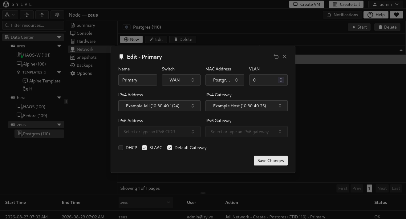 Jail network editor showing the configuration of an existing switch attachment