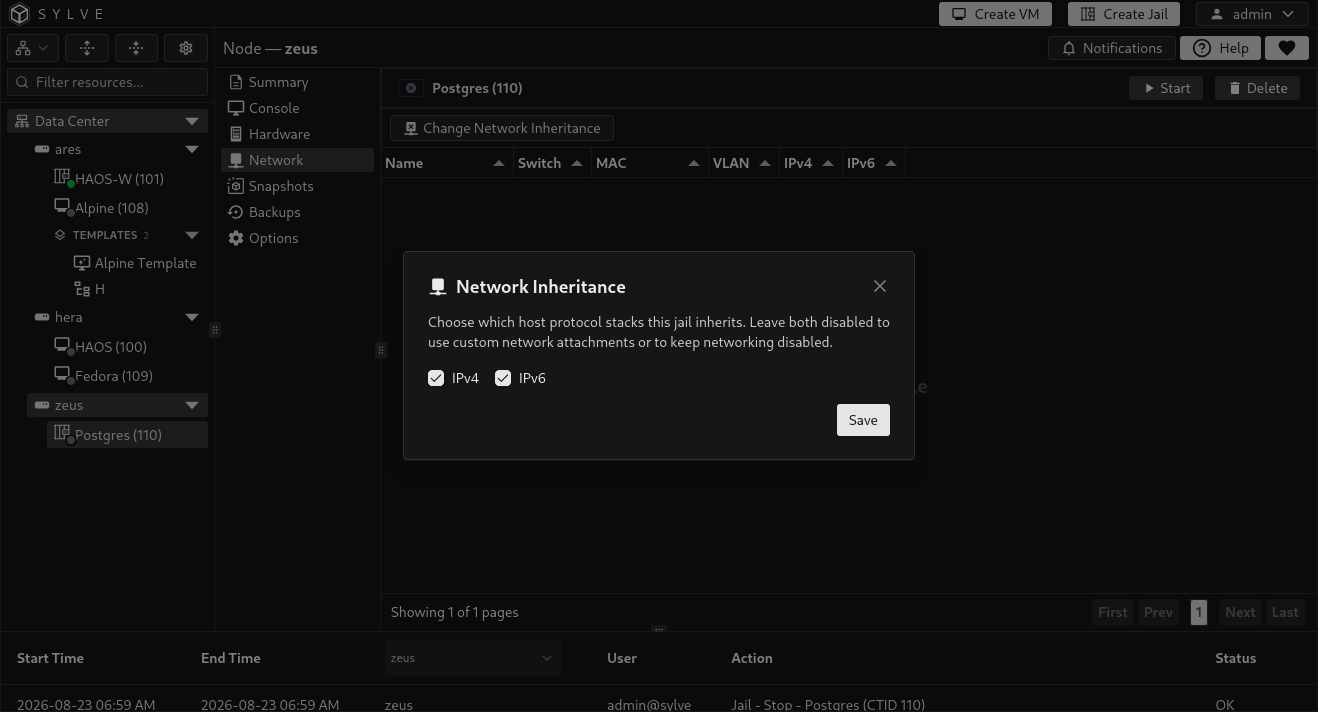 Network Inheritance dialog with separate IPv4 and IPv6 inheritance options