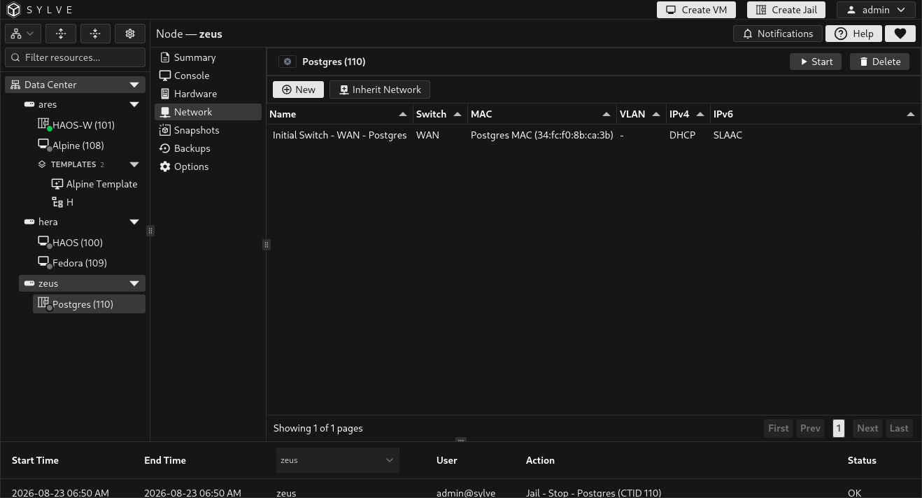 Jail Network page listing switch attachments, MAC addresses, VLANs, and IP configuration