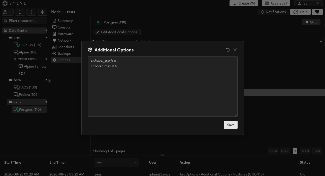 Additional Options editor for entering advanced jail.conf statements