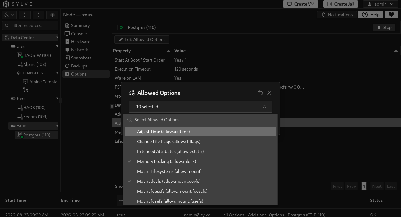 Allowed Options selector for granting specific FreeBSD jail capabilities