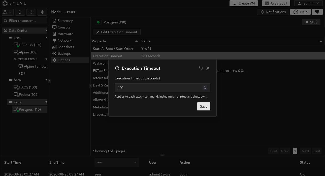 Execution Timeout editor showing the per-command jail lifecycle timeout in seconds