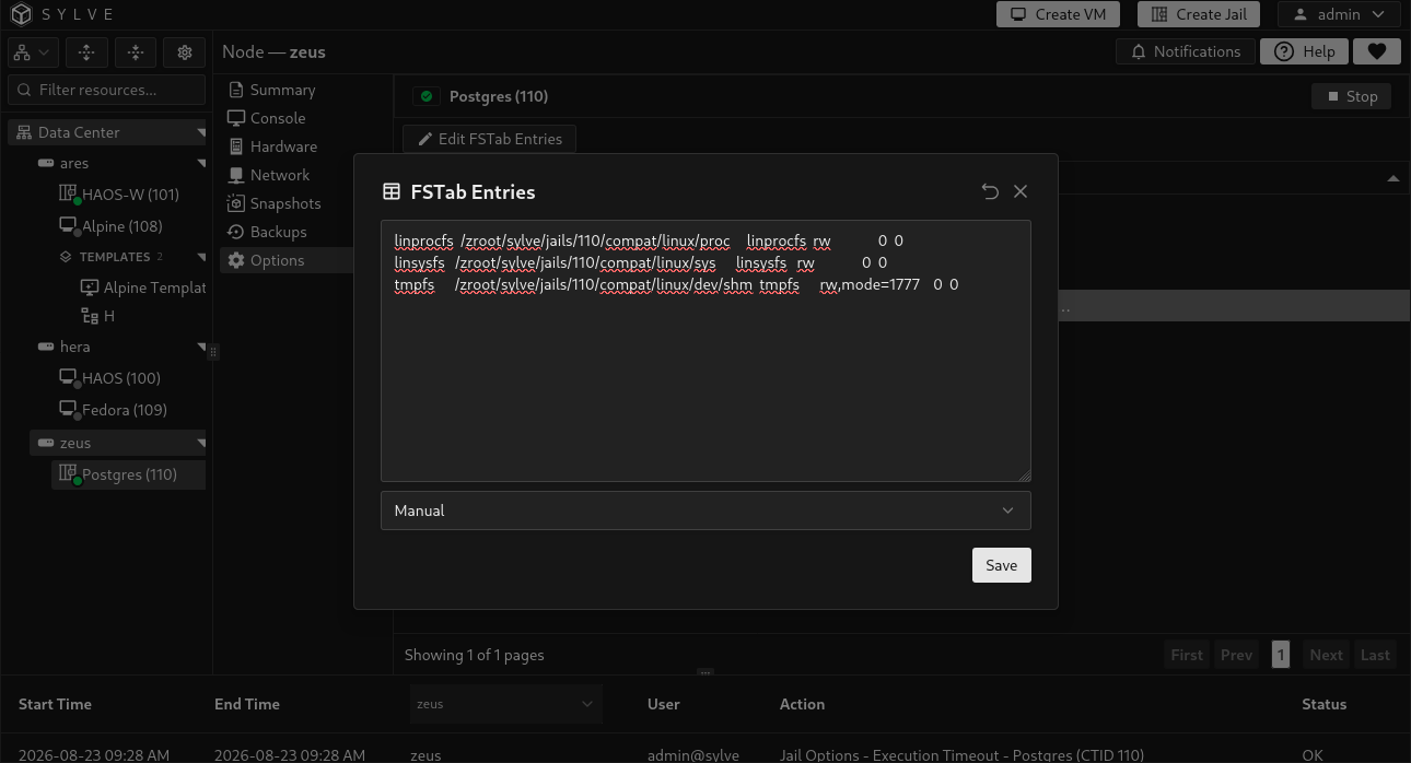 FSTab Entries editor showing mount definitions and the Simple Linux preset selector