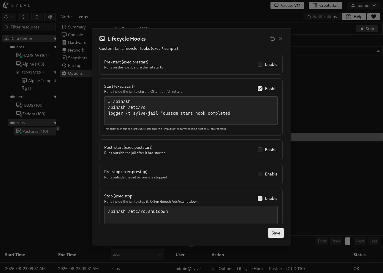 Lifecycle Hooks editor showing configurable exec phases and an enabled shell script