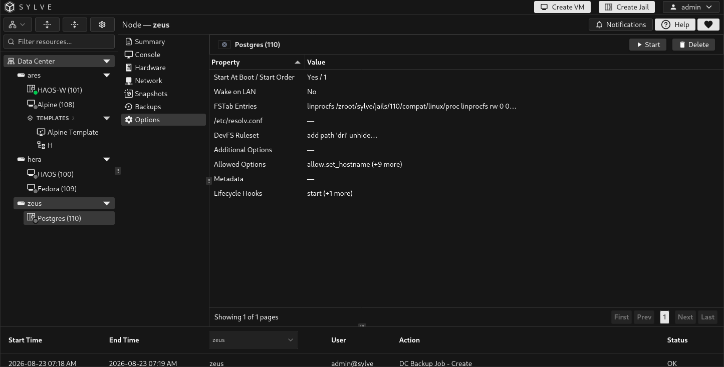 Jail Options page showing startup, execution, filesystem, permission, metadata, and lifecycle properties