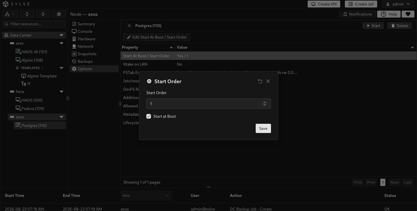 Start Order editor with Start at Boot enabled and a non-negative startup order