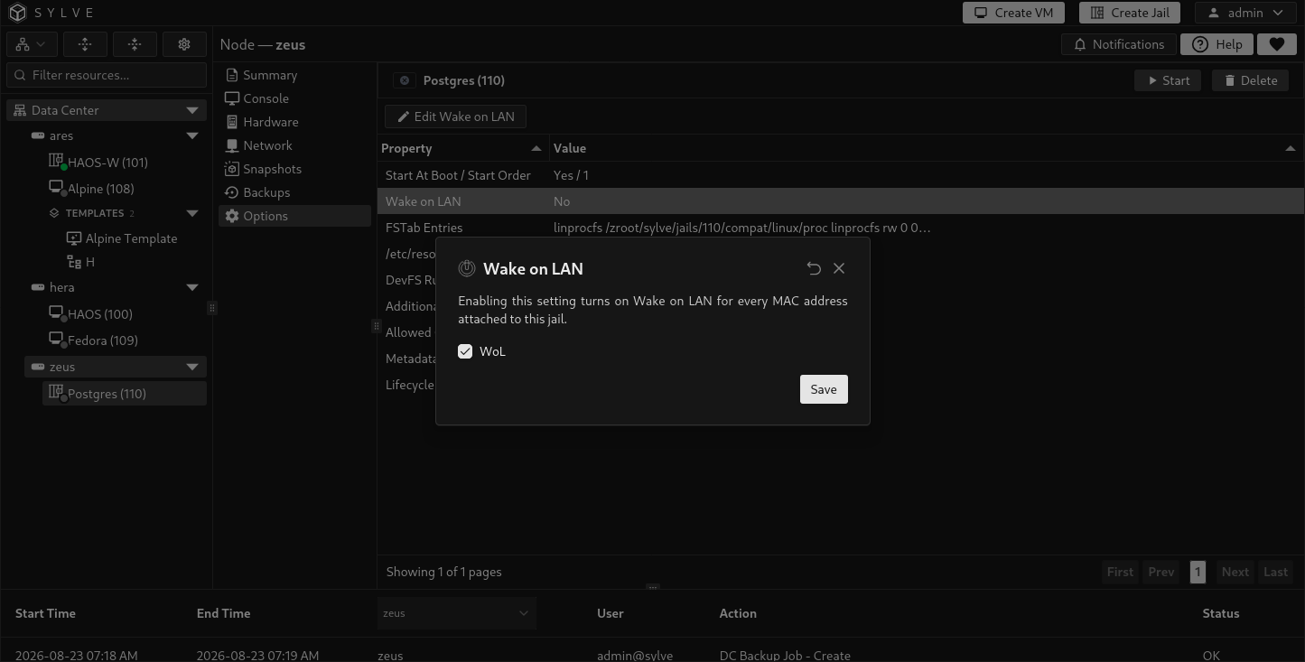 Wake on LAN editor with magic-packet startup enabled for every jail interface