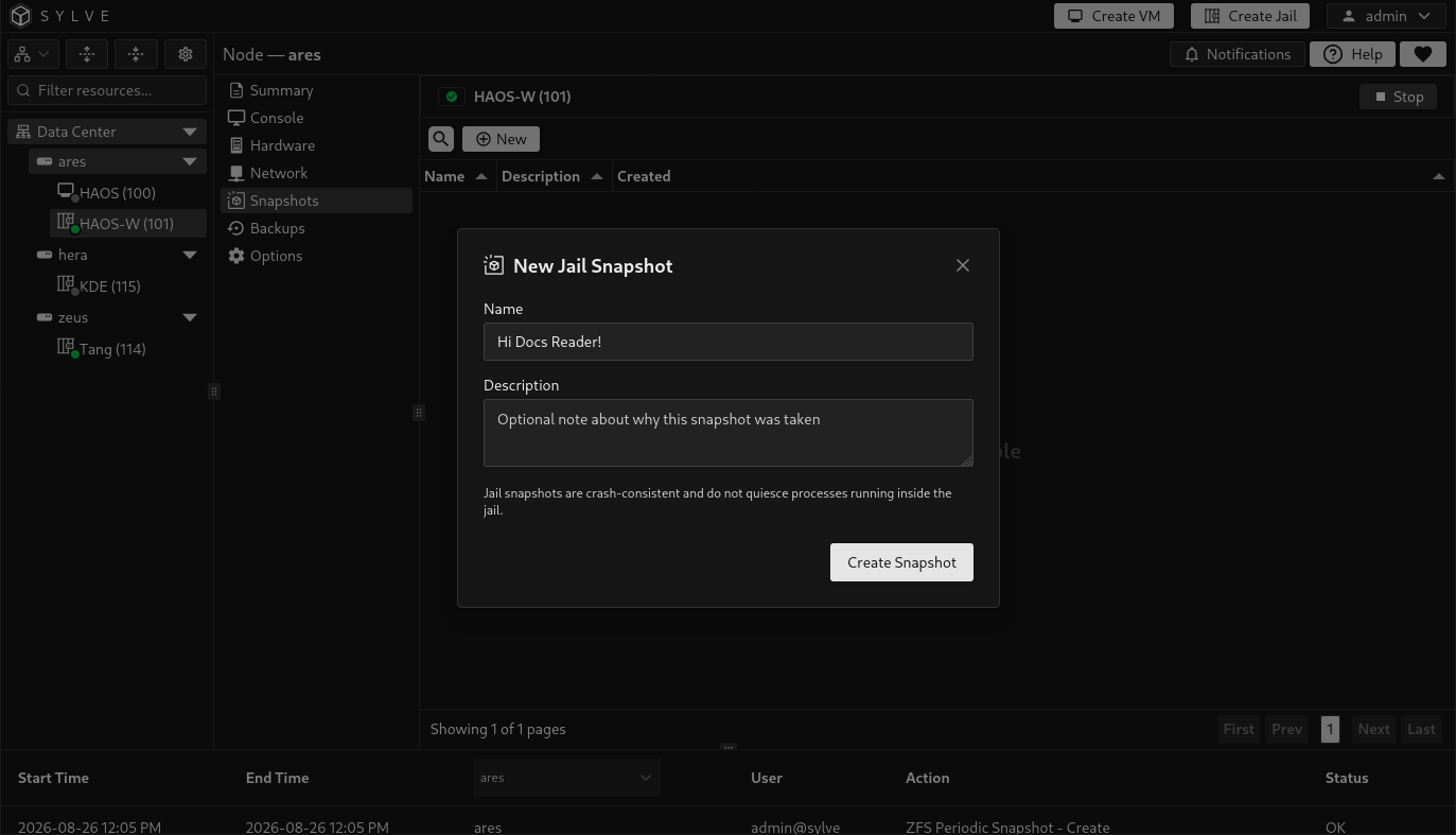 New Jail Snapshot dialog with name and optional description fields