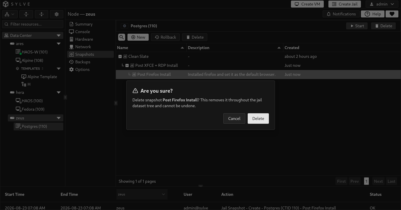 Confirmation dialog for permanently deleting a jail snapshot