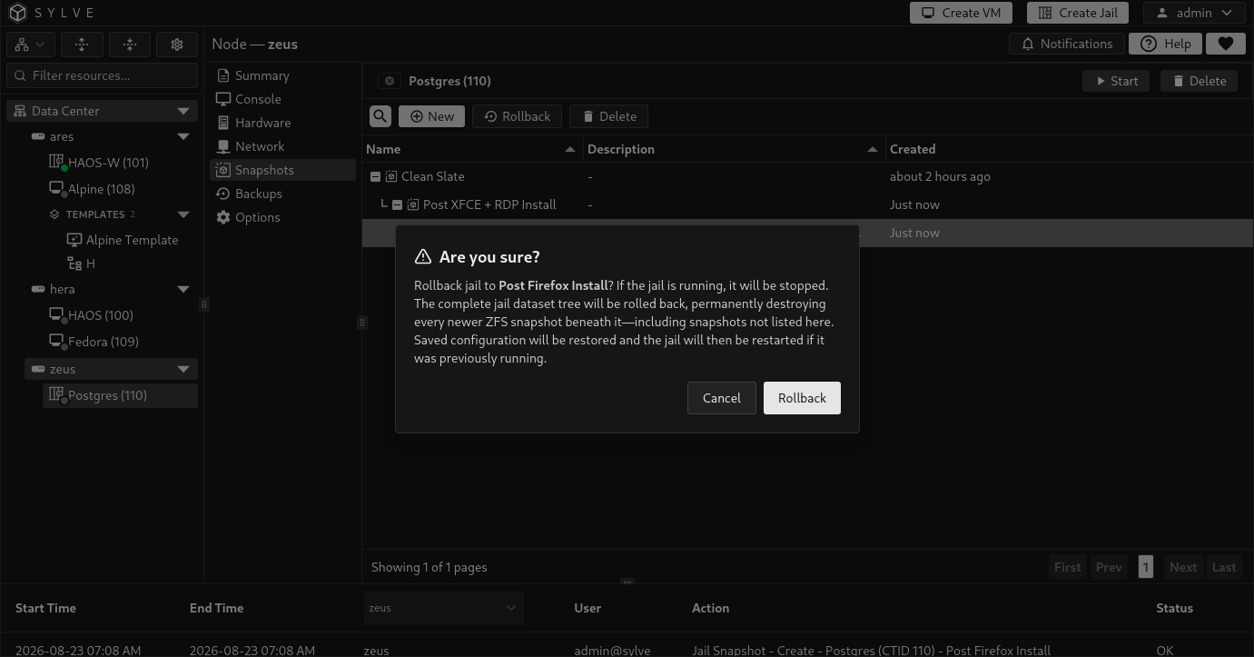 Jail snapshot rollback warning describing the destructive rollback and restart behavior