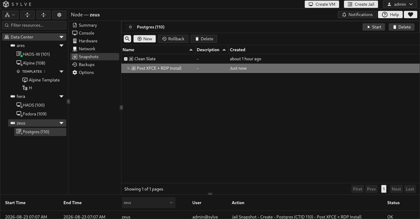 Jail Snapshots page showing snapshot names, descriptions, creation times, and lineage