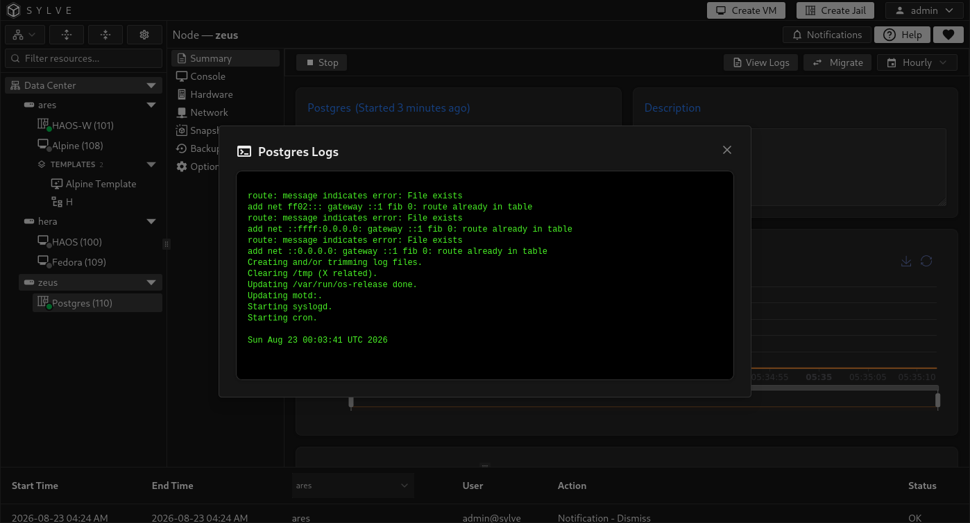 Jail logs dialog showing managed lifecycle output in a scrollable live-follow viewer