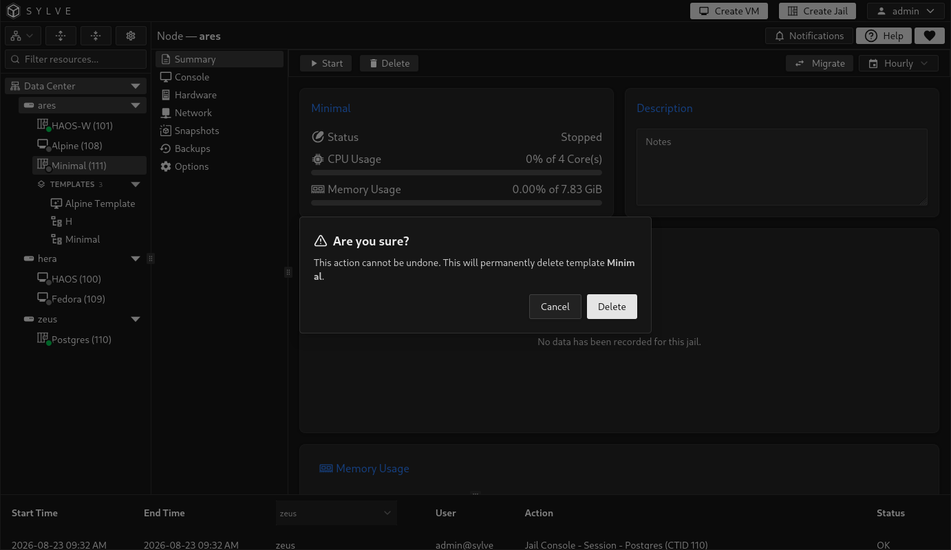 Confirmation dialog for deleting a jail template and its stored dataset
