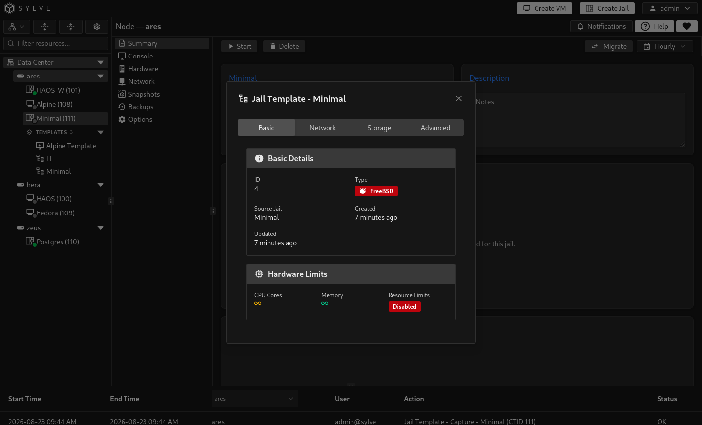 Basic jail template tab showing source details, type, and hardware limits