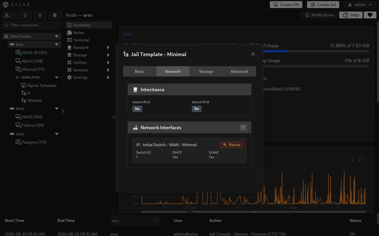 Network jail template tab showing address inheritance and saved interface settings