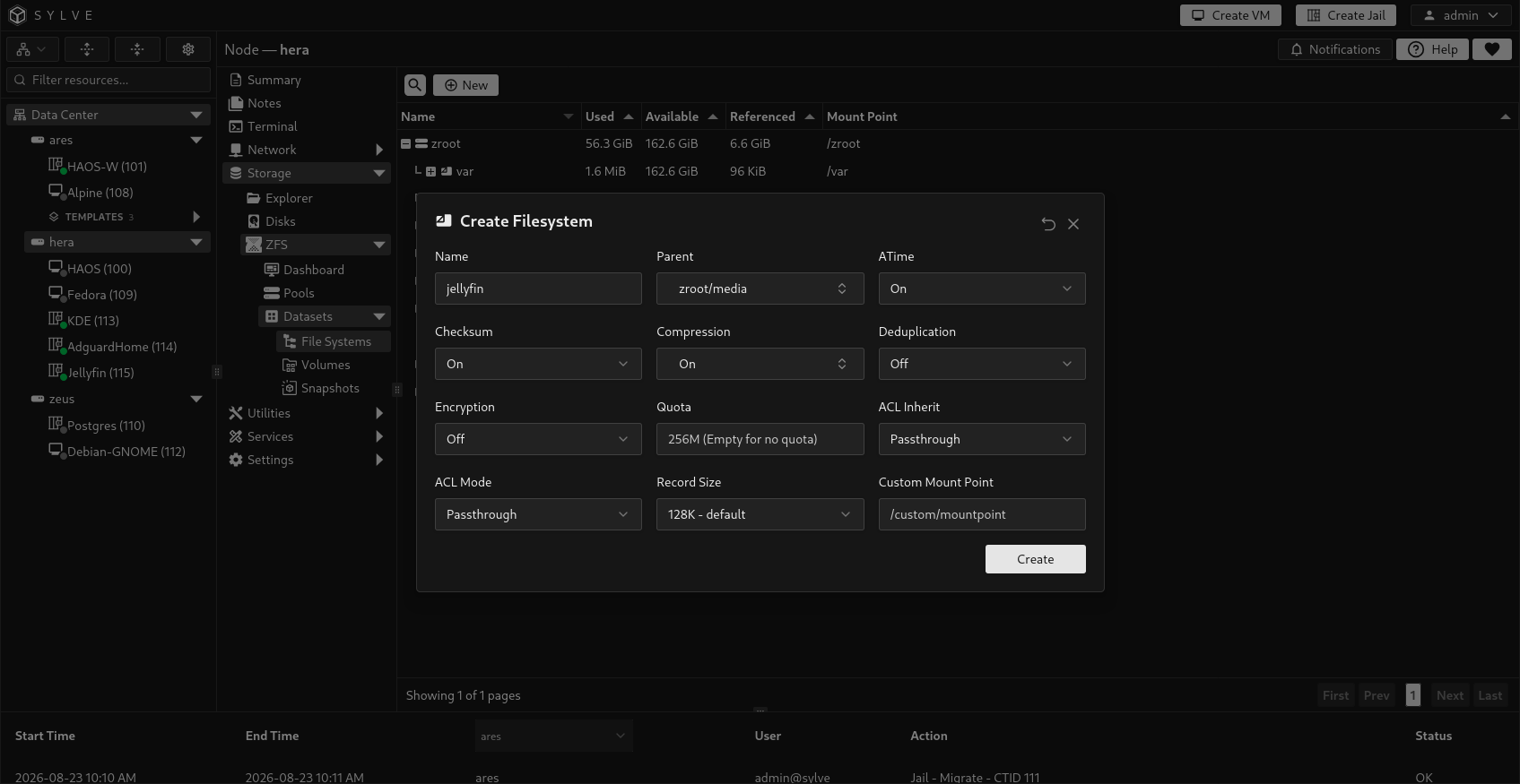 Create Filesystem dialog with jellyfin as the dataset name and zroot/media selected as its parent