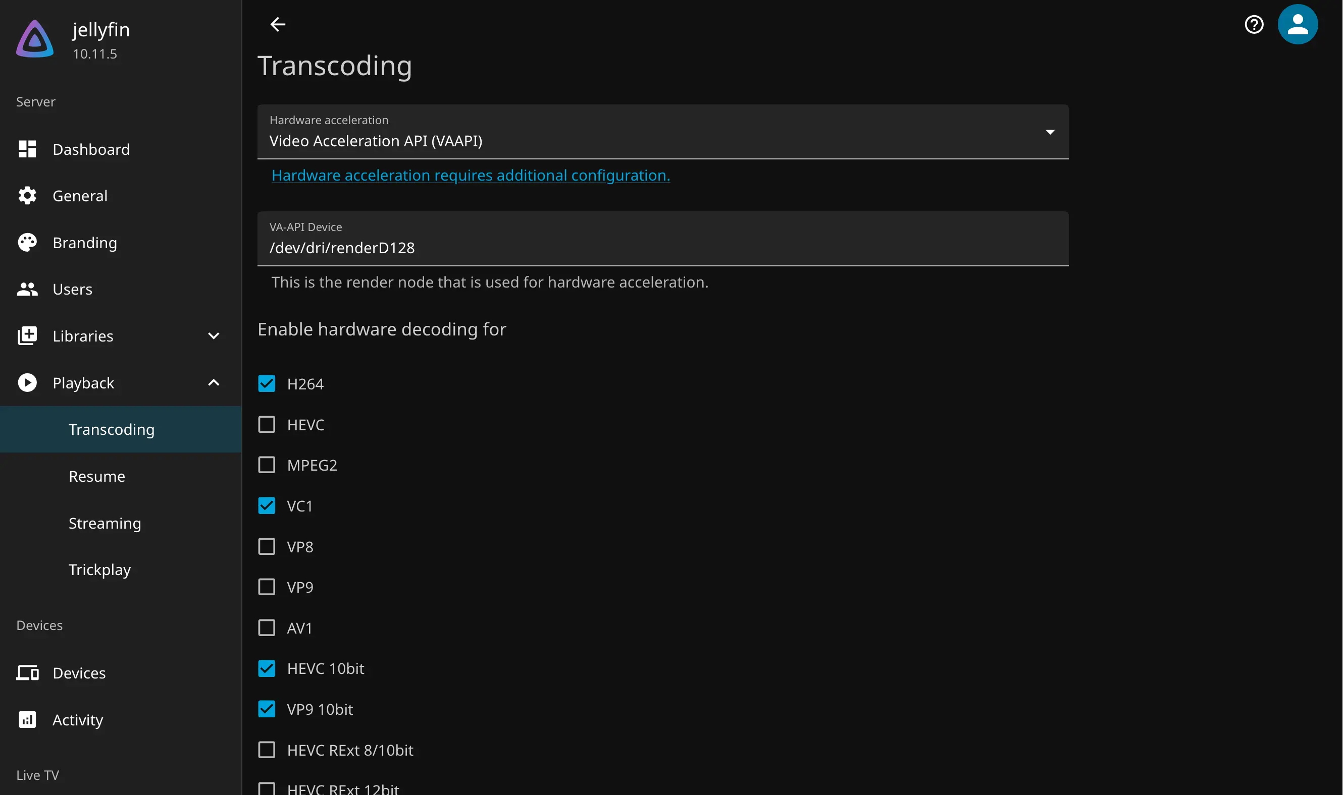 Jellyfin transcoding settings with Video Acceleration API selected and an Intel render device configured