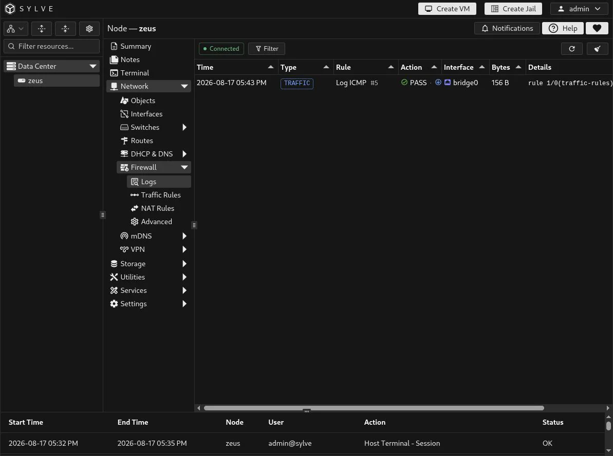 Firewall live logs showing an inbound ICMP pass event for the Log ICMP traffic rule on bridge0