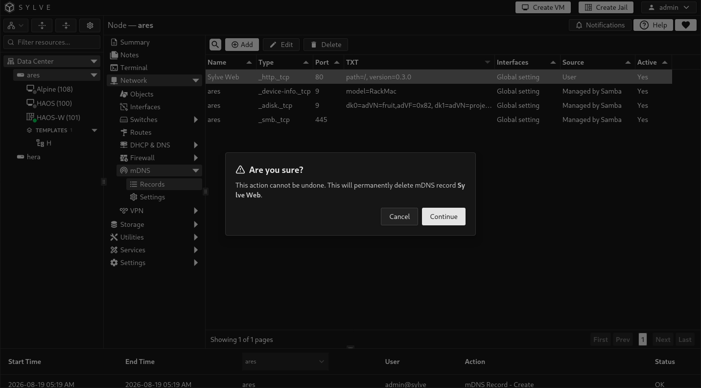 Delete mDNS Record confirmation dialog for a user-created service record