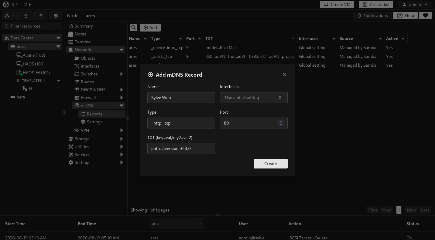 Add mDNS Record dialog configuring a local service name, DNS-SD type, port, TXT values, and interface selection