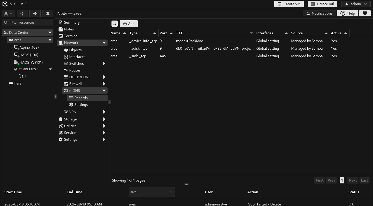 mDNS Records table showing active user and Samba-managed service records with their types, ports, interfaces, and sources