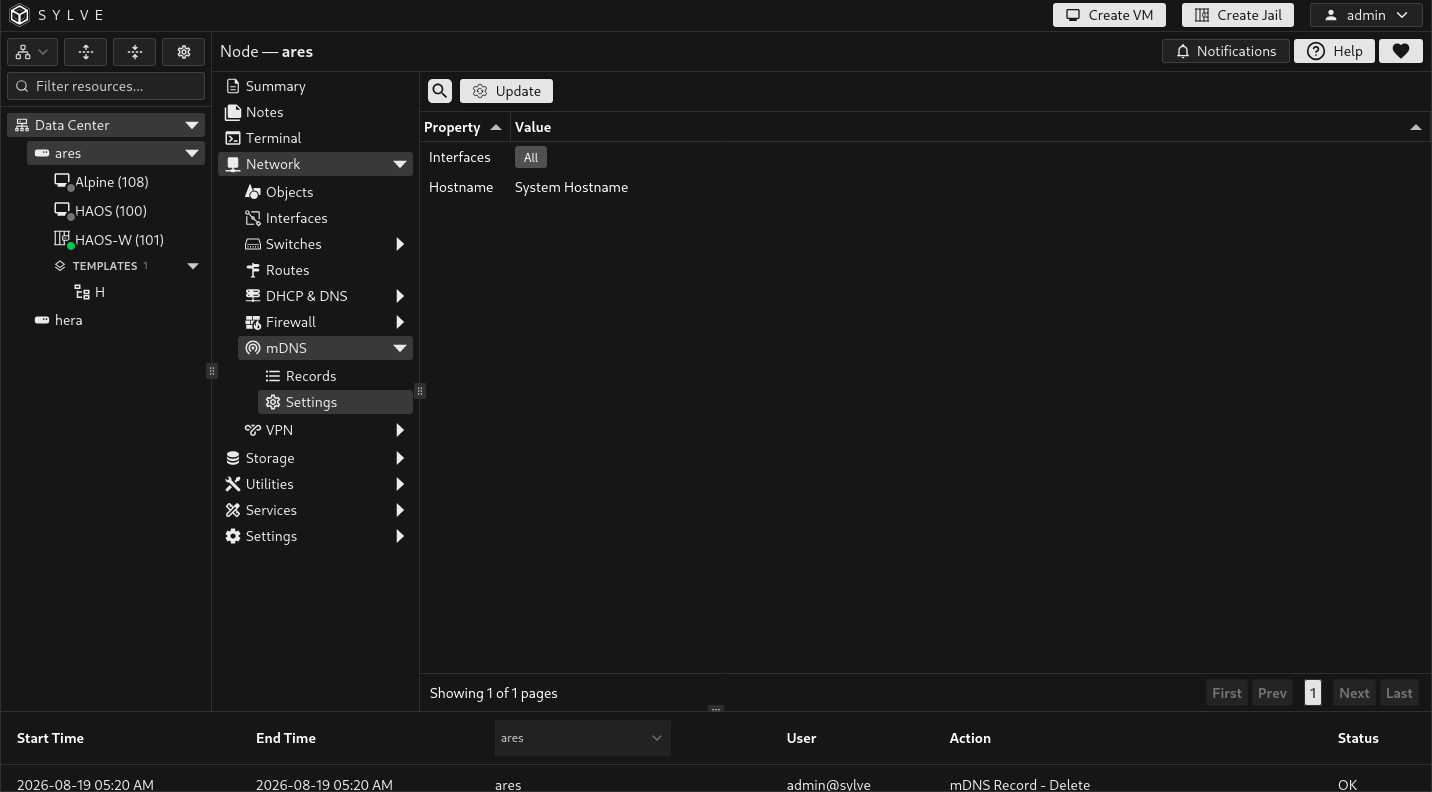 mDNS Settings table showing igb0 and igb1 as selected interfaces and zeus as the configured hostname