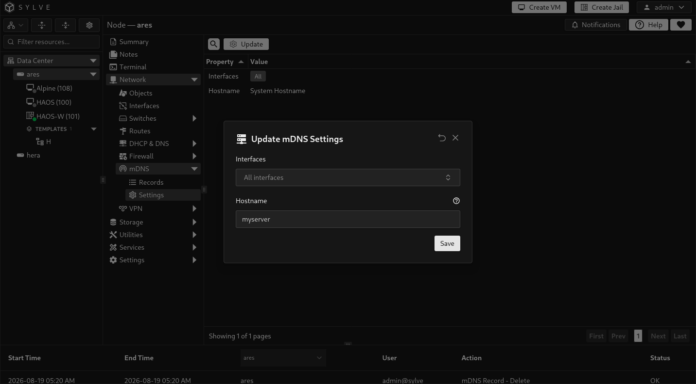 Update mDNS Settings dialog with igb0 and igb1 selected and zeus entered as the hostname