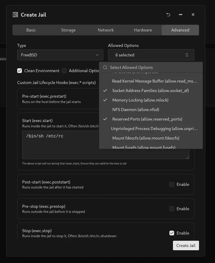 Allowed Options menu with Memory Locking (allow.mlock) selected for the Technitium jail