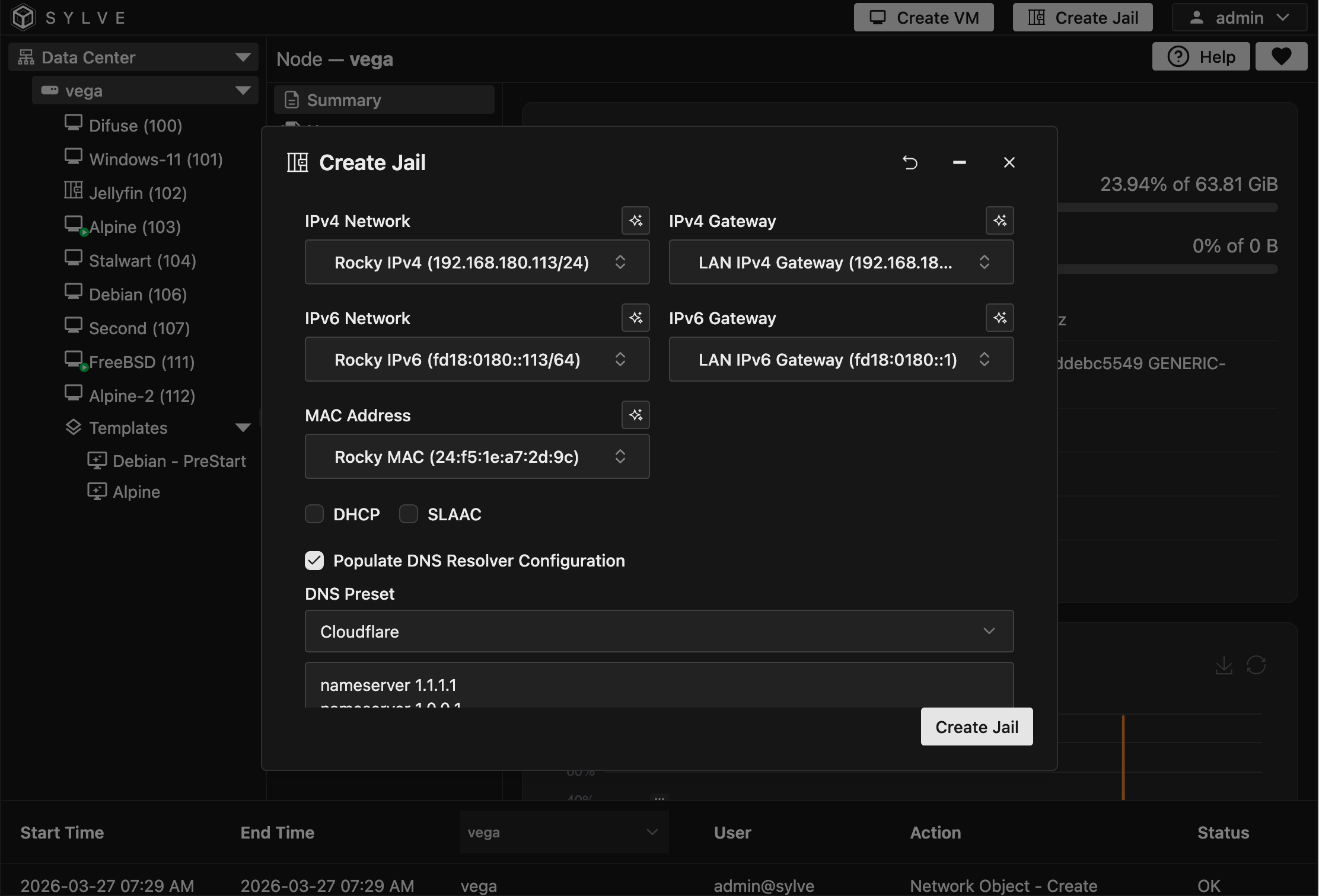 Create Jail Network tab with static IPv4 and IPv6 addresses, matching gateways, a managed MAC address, DHCP and SLAAC disabled, and DNS resolver configuration enabled