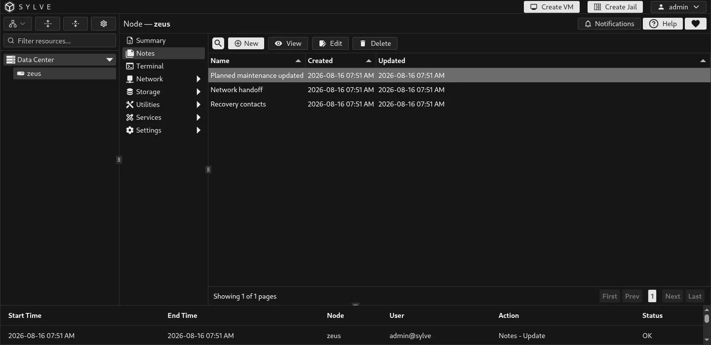A selected node note with available actions