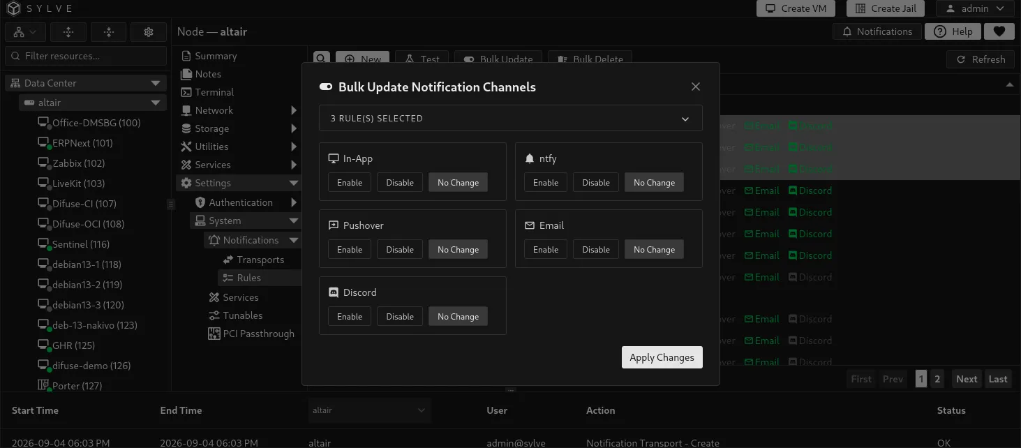 Bulk Update Notification Channels dialog for three selected rules with Enable, Disable, and No Change controls for all five channels