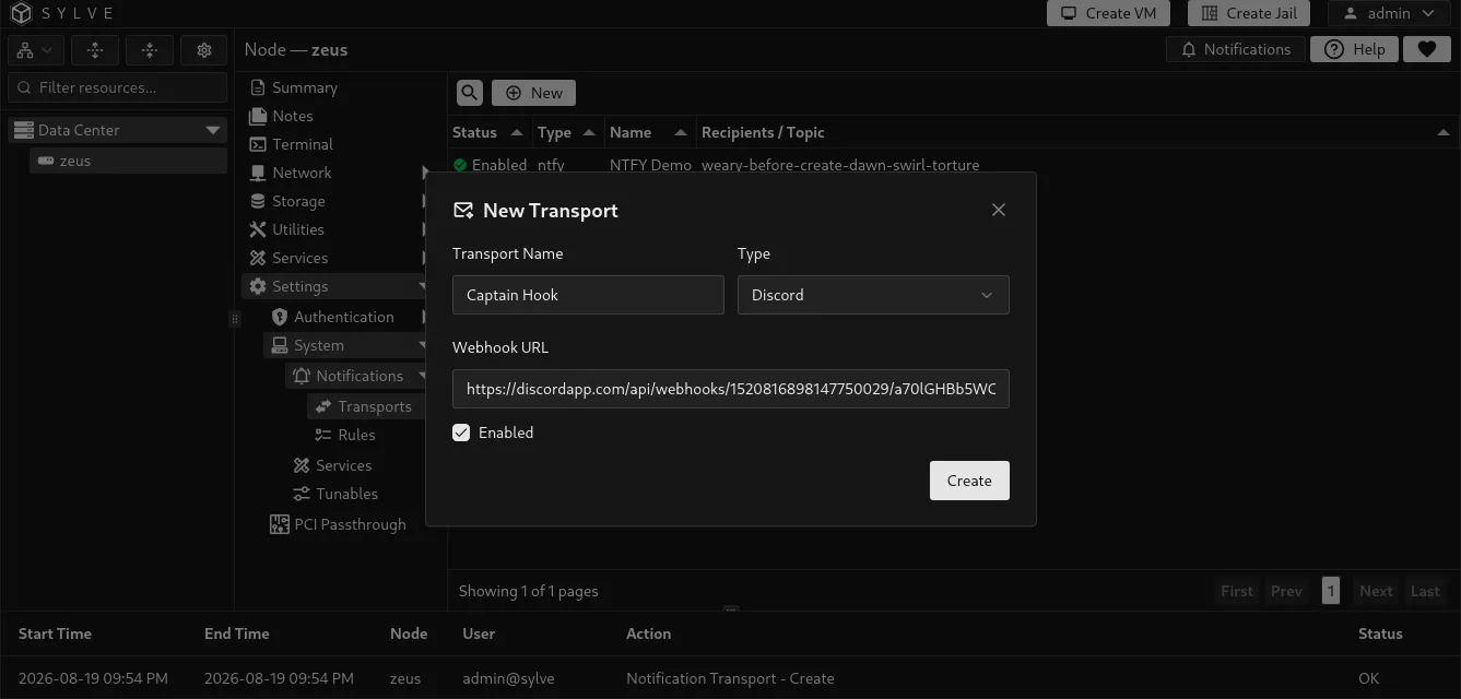 New Notification Transport form configured for Discord with a webhook URL and enabled state